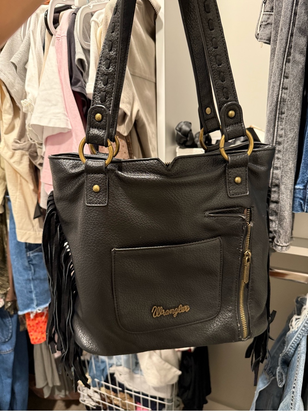 Wrangler Black Leather Fringe Tote with Gold Hardware